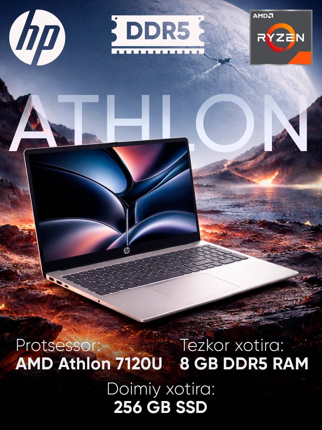 Ноутбук HP DDR5 15-FC0171NIA, 8/256 ГБ, 15,6" Full HD, AMD Athlon™ Silver 7120U за 4699000 сум по лучшей цене. Uzum Market