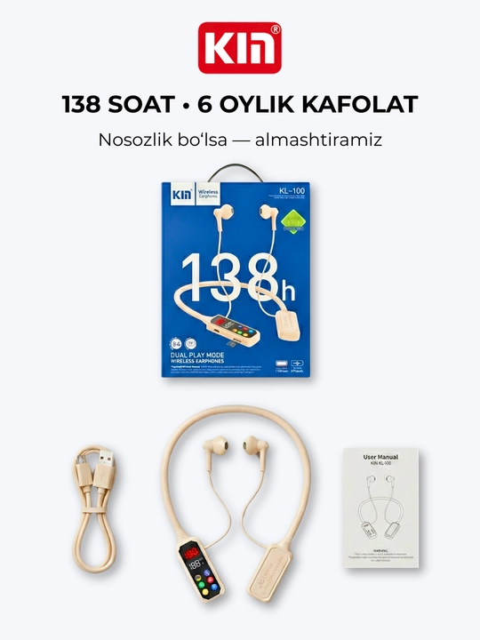 Simsiz quloqchin KIN KL100 Bluetooth 5.4 1100 mAh ENC mikrofon bo'yinbog' dizayn naushnik