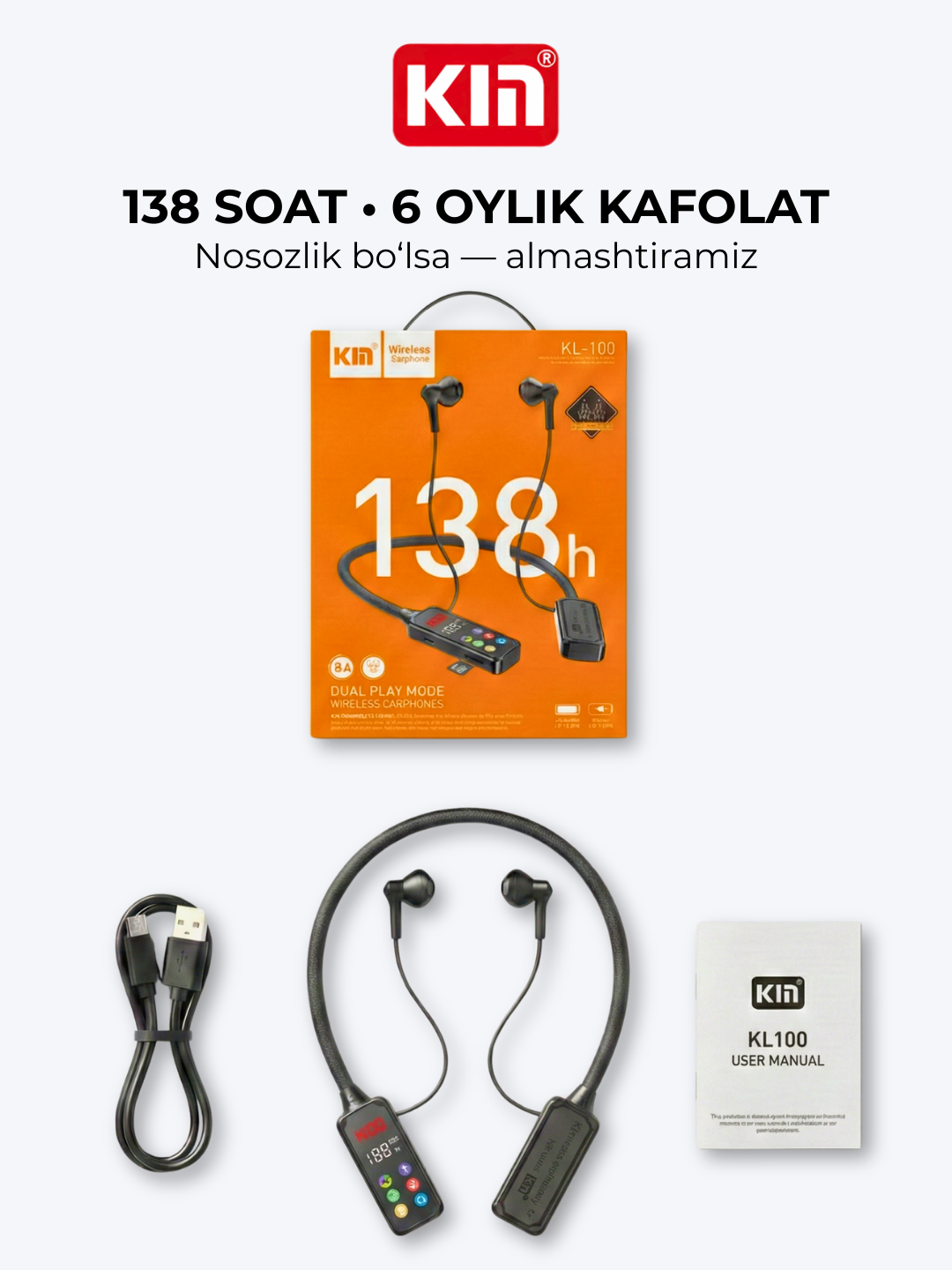 Simsiz quloqchin KIN KL100 Bluetooth 5.4 1100 mAh ENC mikrofon bo'yinbog' dizayn naushnik