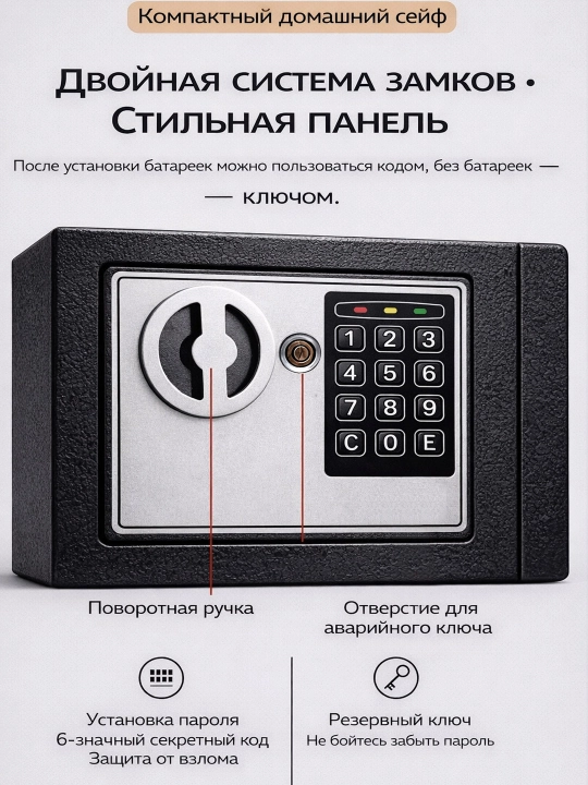 Мини сейф для дома и офис, с ключом, с кодовым замком 23х17х17
