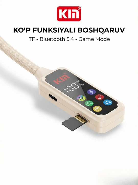 Bo'yinli simsiz quloqchin KIN KL101 ENC mikrofon TF karta 1100 mAh batareya