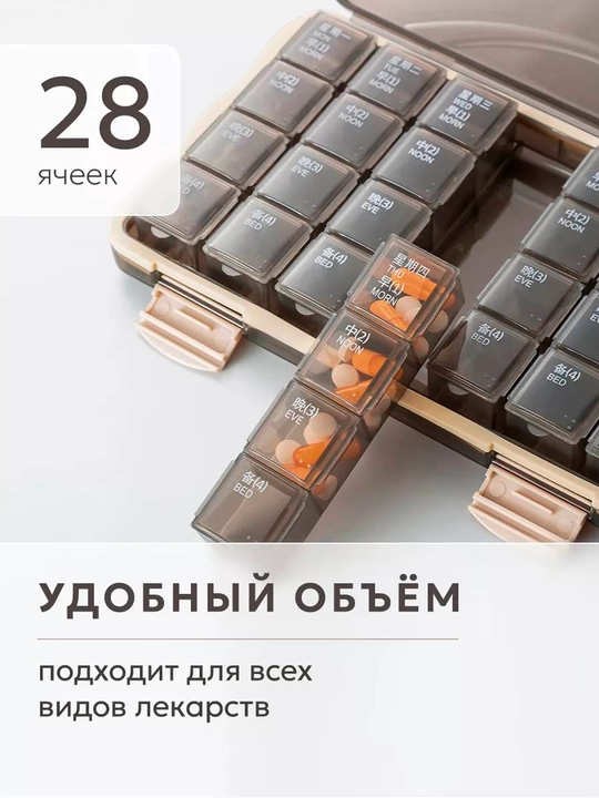 Таблетница, контейнер для таблеток на неделю 4 приема, органайзер с 28 ячейками