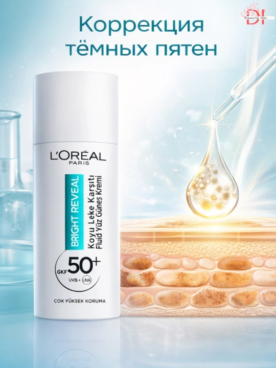Quyoshdan himoya flyuid L’Oréal Bright Reveal SPF50+ yuqori himoya, pigment dog‘larga qarsh