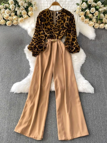 Ayollar kombinezoni, ayollar ikkiligi, klasik kastyum shim, leopard naqshli bluzka, shim