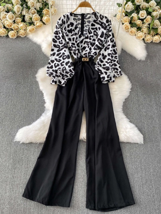 Ayollar kombinezoni, ayollar ikkiligi, klasik kastyum shim, leopard naqshli bluzka, shim