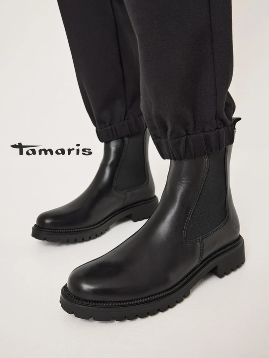 Полусапоги женские на каблуке TAMARIS, натуральная кожа, черные