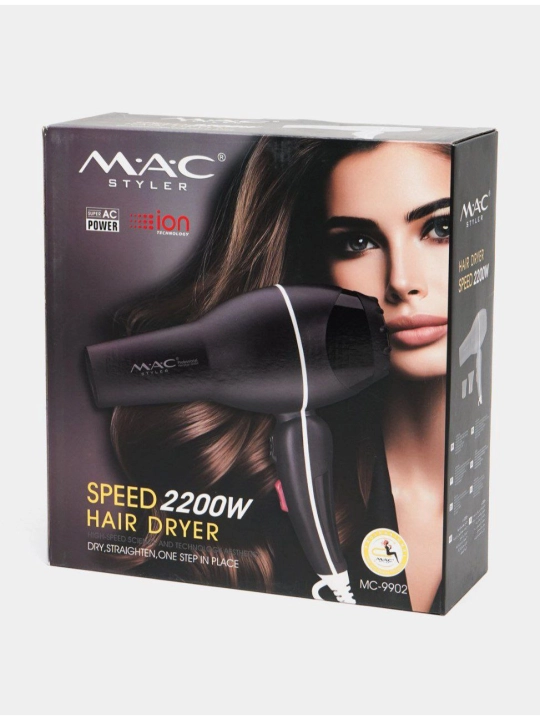 Профессиональный фен MAC Styler, 3 режима, 2 насадки, для сушки и укладки, с ионизацией