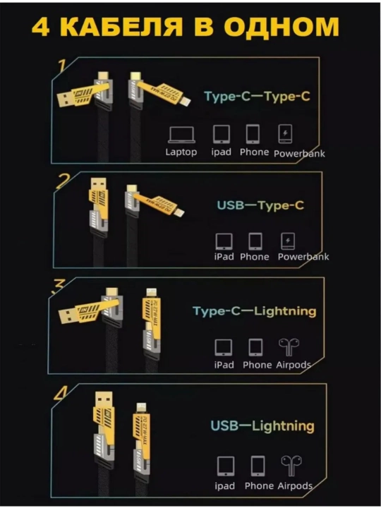 USB 4 в 1 Turbo, Type-C/Lightning USB-A/Type C с турбонаддувом для быстрой зарядки