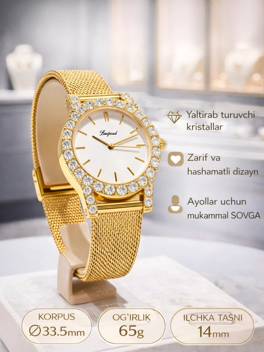 Ayollar qo‘l soati — oltin rang, toshli korpus, oq siferblat, IPS bilaguzuk, dizayn - 
