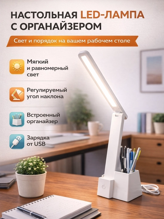 Idora organayzeriga ega LED stol chirog‘i - 