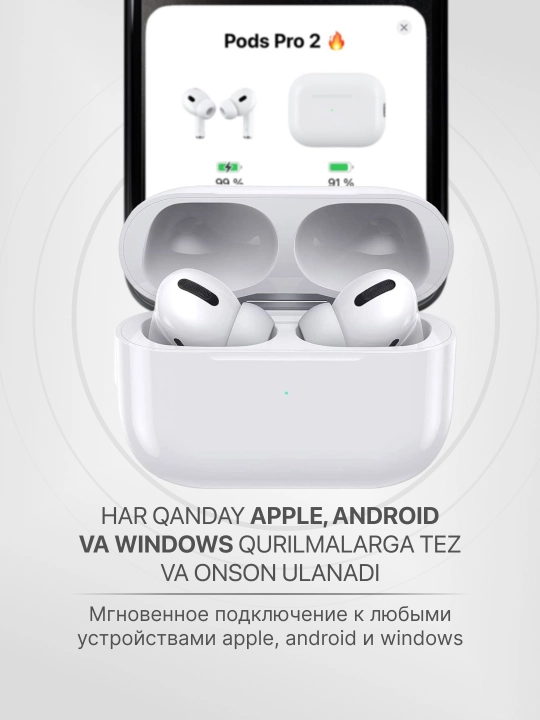 Simsiz quloqchinlar Pods Pro 2 , sensorli, iPhone va Android uchun naushnik
