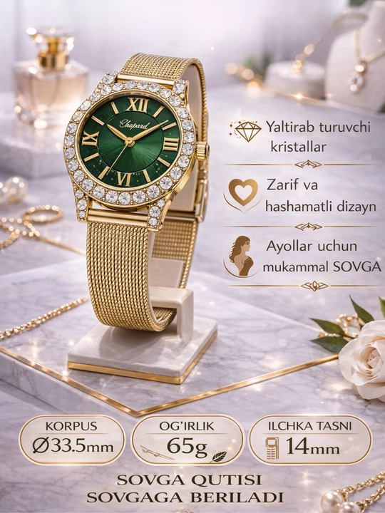 Ayollar qo‘l soati — oltin rang, toshli korpus, ko‘k siferblat, IPS bilaguzuk, dizayn - 