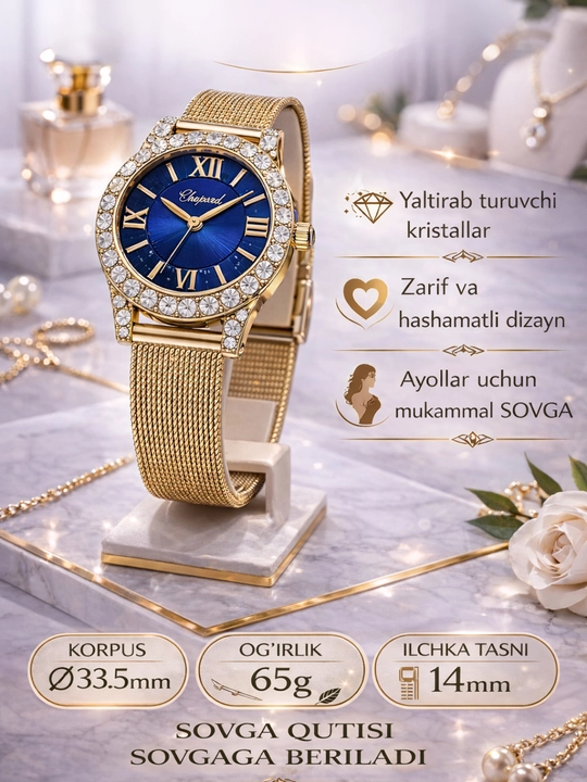 Ayollar qo‘l soati — oltin rang, toshli korpus, ko‘k siferblat, IPS bilaguzuk, dizayn - 
