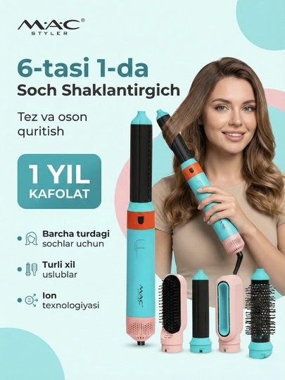 Фен для волос MAC styler MC-6766, 6 в 1, воздушная укладка и автоматическая плойка — VGRPROU-MAC6766-МЕНТОЛ