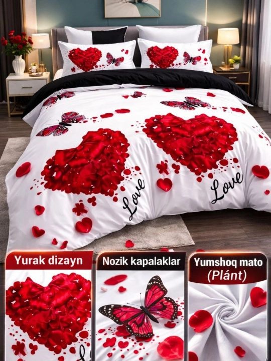 Ikki kishilik va bir kishilik choyshab, ko‘rpa jild, yostiq jildi, choyshab