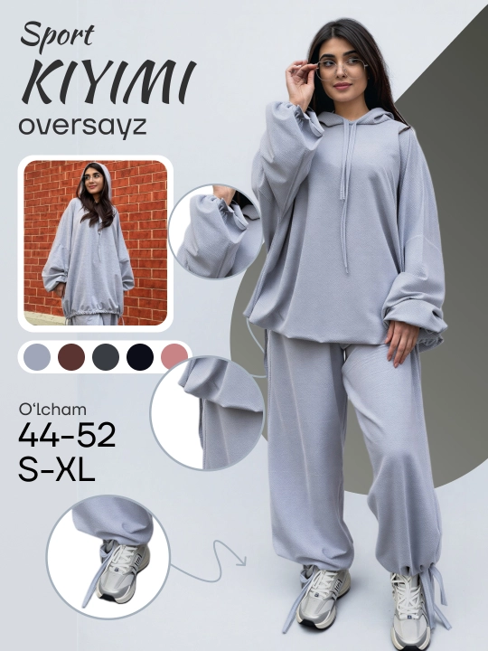 Ayollar sport kostyumi ikki qismli, hudi va jogger shim oversize, kundalik to‘plam