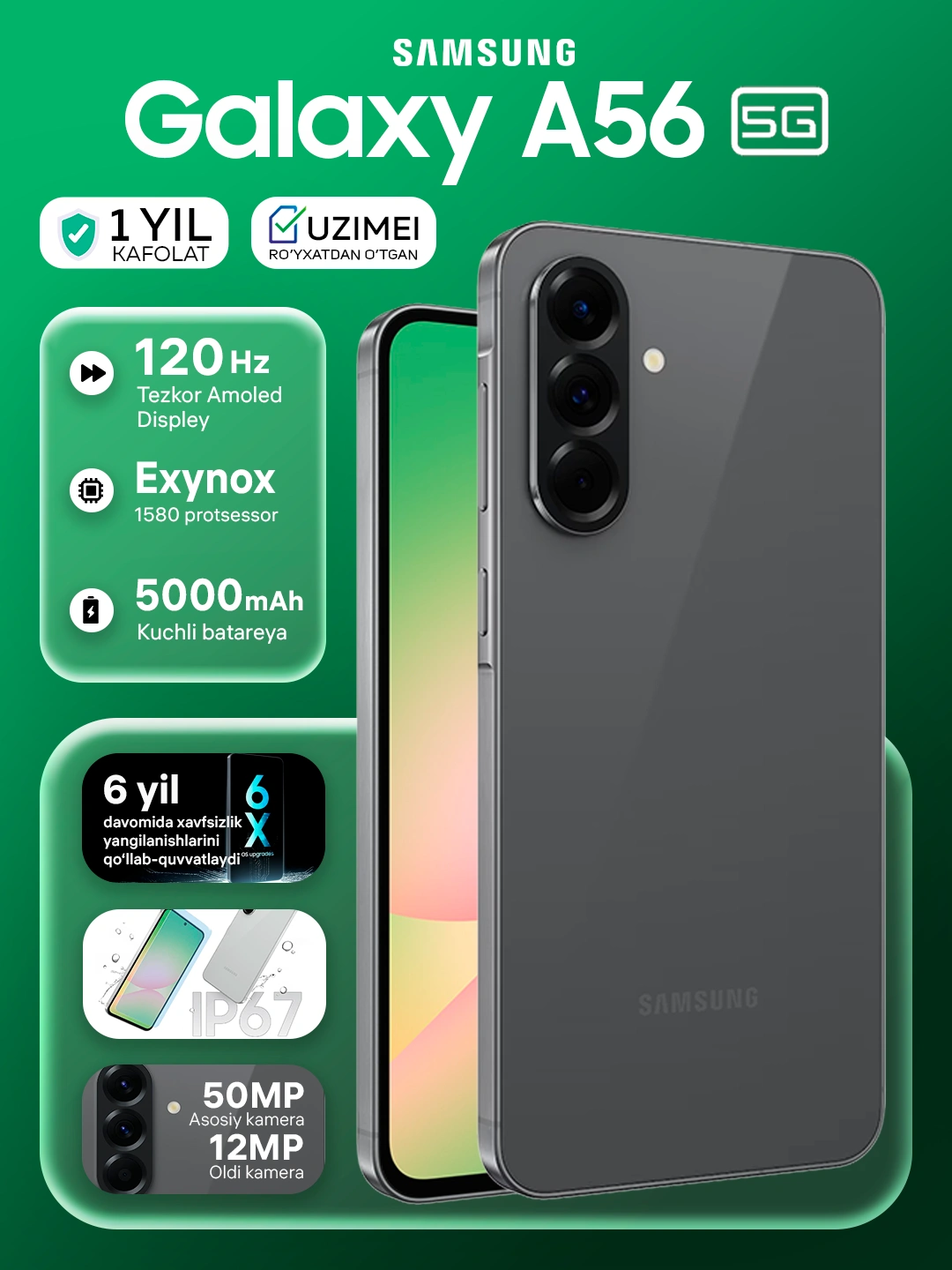 Смартфон Samsung Galaxy A56 5G, 8GB 256GB, Super AMOLED 120Hz 6.7", 5000 mAh за 4399000 сум со скидкой 50%. Uzum Market