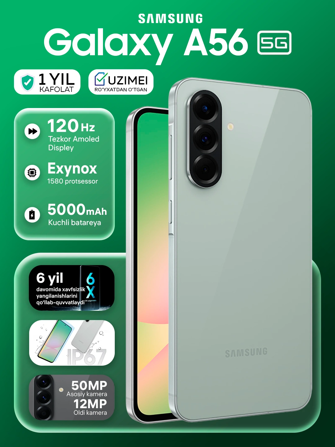 Смартфон Samsung Galaxy A56 5G, 8GB 256GB, Super AMOLED 120Hz 6.7", 5000 mAh за 5099000 сум со скидкой 50%. Uzum Market