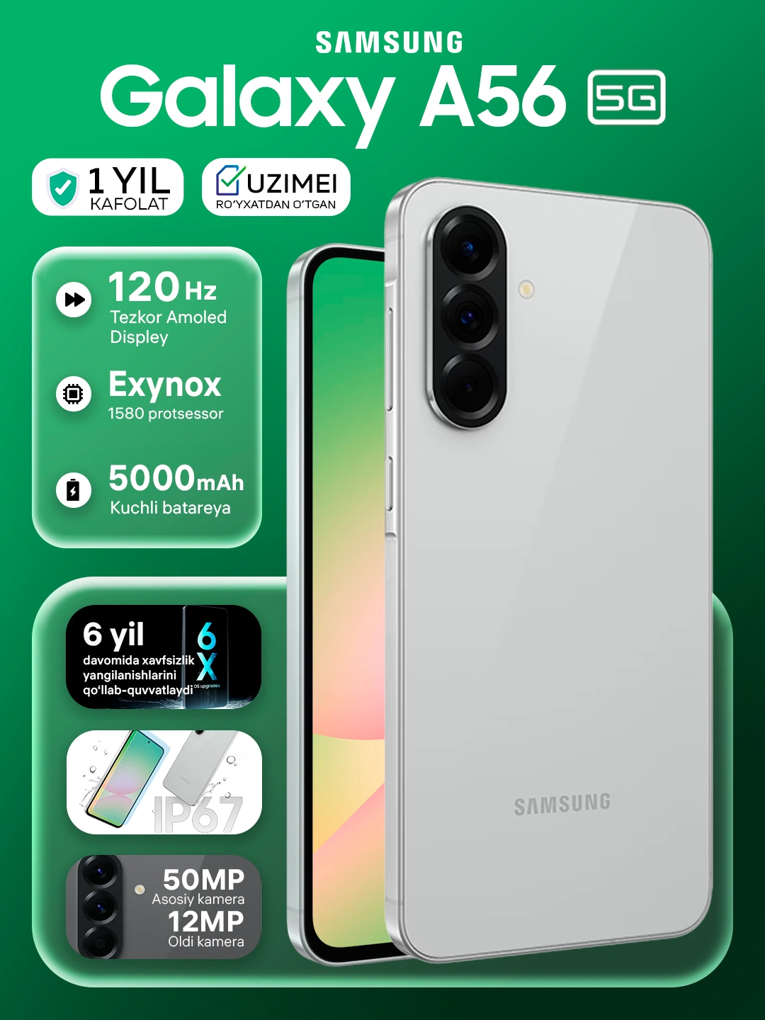 Смартфон Samsung Galaxy A56 5G, 8GB 256GB, Super AMOLED 120Hz 6.7", 5000 mAh за 5299000 сум со скидкой 48%. Uzum Market