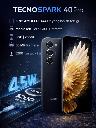 Tecno SPARK 40 Pro, 6,78-дюймовый AMOLED, 144Гц, 50 МП, 5200 мАч, 45 Вт, 8/256 ГБ, IP64 — 4447-SPARK40PRO-ЧЕРН-8/256
