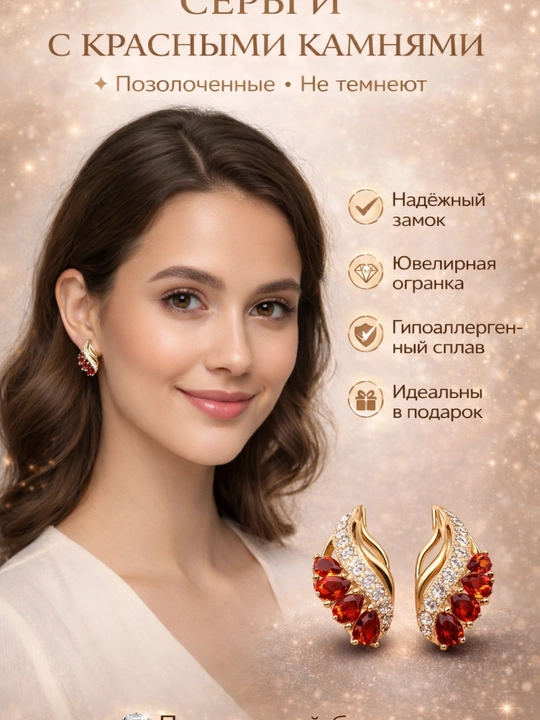Серьги позолоченные с красными фианитами, английский замок, гипоаллергенные - 