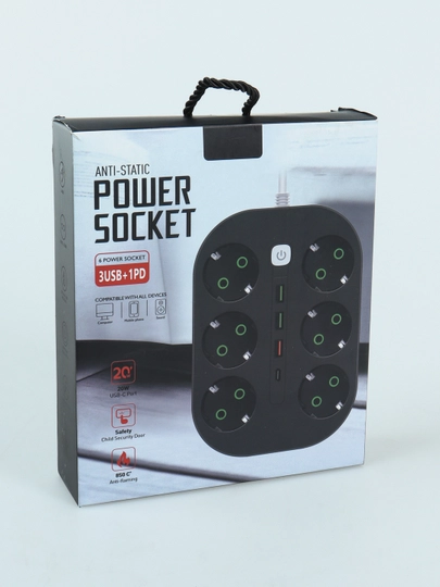 Электрический удлинитель, сетевой фильтр, 3 порта USB, 6 розеток, Type-C