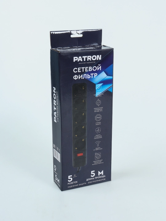 Сетевой фильтр PATRON, с выключателем, 5 розеток, 3 м / 5 м