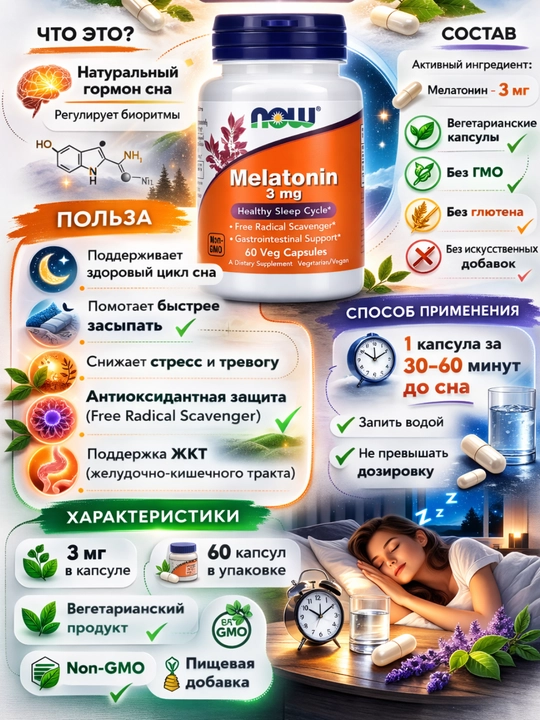 Мелатонин NOW FOODS Supplements, цикл здорового сна, 3 мг, 60,180 капсул, Халяль - 
