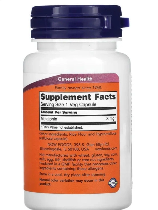 Мелатонин NOW FOODS Supplements, цикл здорового сна, 3 мг, 60,180 капсул, Халяль