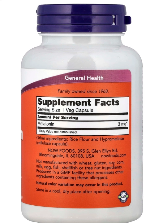 Мелатонин NOW FOODS Supplements, цикл здорового сна, 3 мг, 60,180 капсул, Халяль