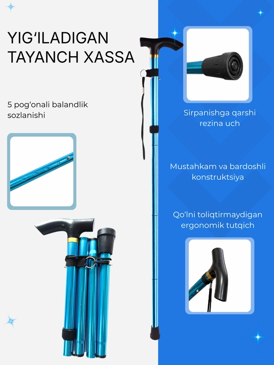 Comfort Step buklanadigan teleskopik hassa, 5 qavatli, alyuminiy