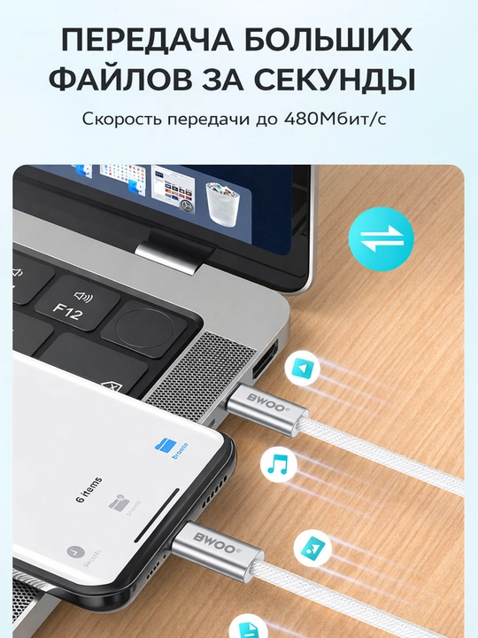 BWOO Type-C to Type-C kabel 65/240W, 1m, tezkor zaryadlash va ma’lumot uzatish