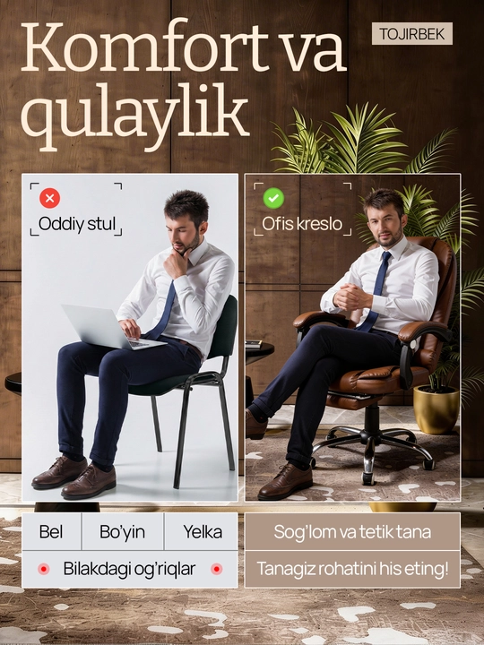 Oyoq tagligi va suyanchig‘ini egish mexanizmi bo‘lgan ofis kreslosi, ekocharm qoplamali