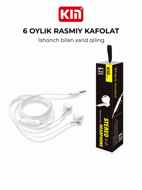 Quloqchin KIN K38 simli, mikrofonli, 3.5 mm, 1.3 m kabel