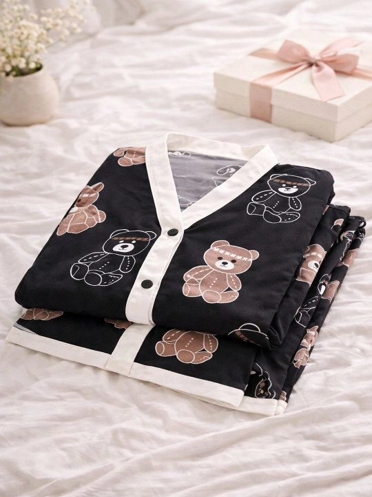 Ayollar uchun pijama to‘plami, yumshoq uy kiyimi, tugmali ko‘ylak va shim, S–XL