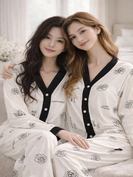 Ayollar uchun pijama to‘plami, yumshoq uy kiyimi, tugmali ko‘ylak va shim, S–XL
