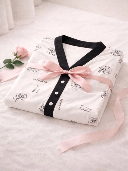Ayollar uchun pijama to‘plami, yumshoq uy kiyimi, tugmali ko‘ylak va shim, S–XL