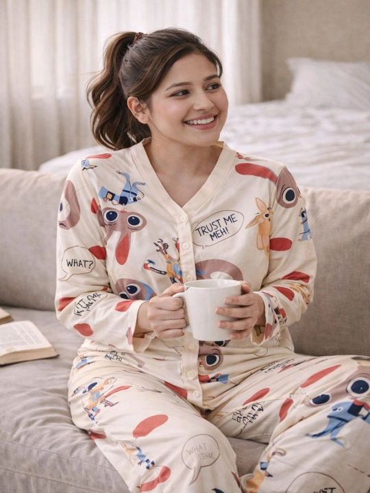 Ayollar uchun pijama to‘plami, yumshoq uy kiyimi, tugmali ko‘ylak va shim, S–XL