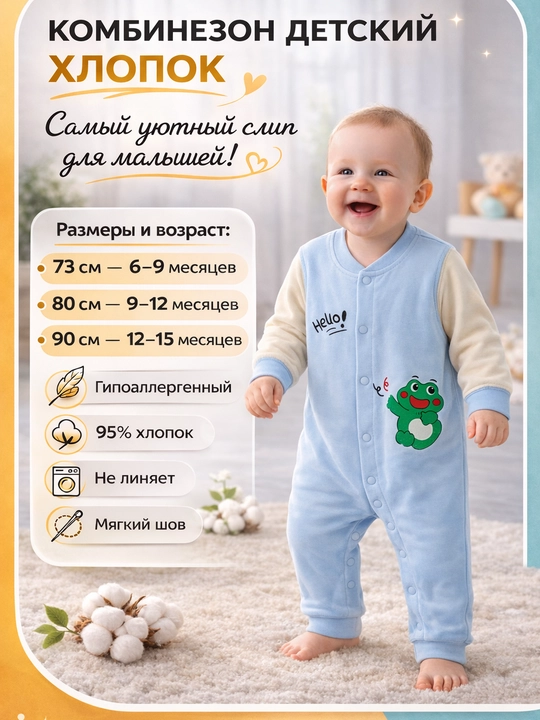 Chaqaloqlar uchun paxtali slip-kombinezon, knopkali, yumshoq mato, kuz-bahor - 