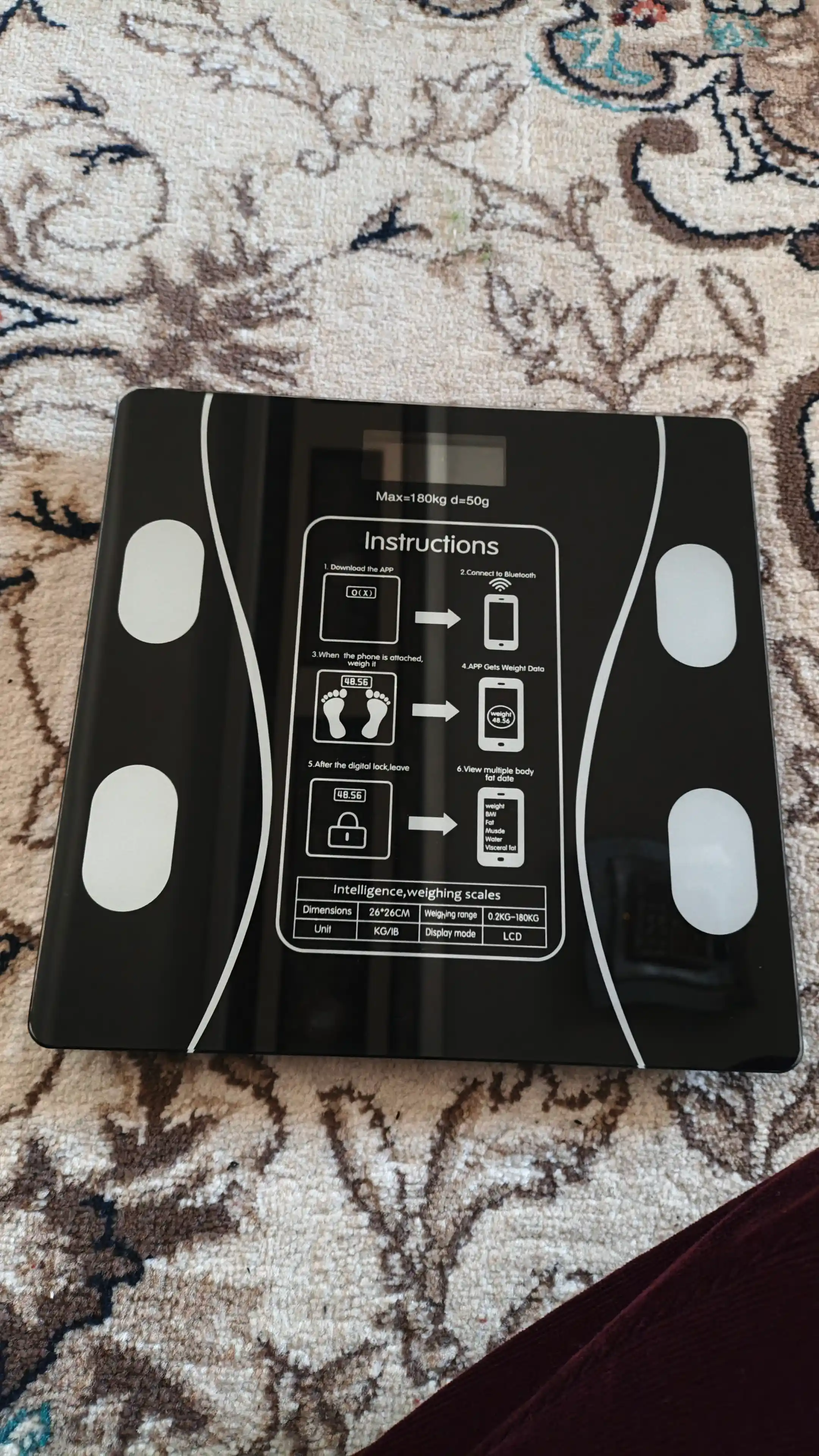 Elektron tarozi, uy uchun, pol, shaffof shisha, kvadrat, 180 kg gacha