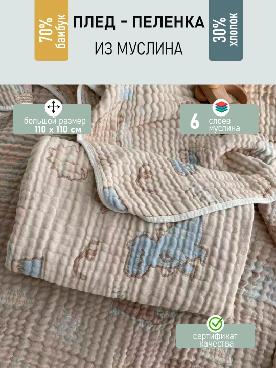 Детский муслиновый плед-одеяло, шесть слоев, 110 x 110 см