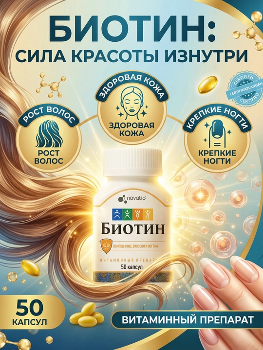 Biotin, sog'lom sochlar, teri va tirnoqlar, Novatio, 50 kapsula