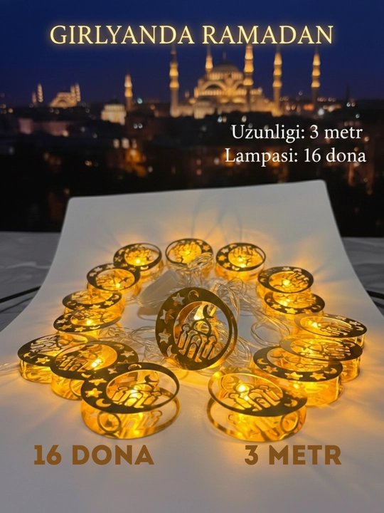 Bayram, Ramazon bezaklari, Muborak, girlyanda, sariq rangda, chroq,  yonadi, LET, 3 metr,