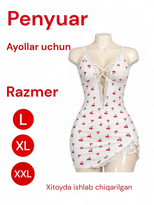 Ayollar tungi ko‘ylagi, olcha naqshli, to‘rli, penyuar