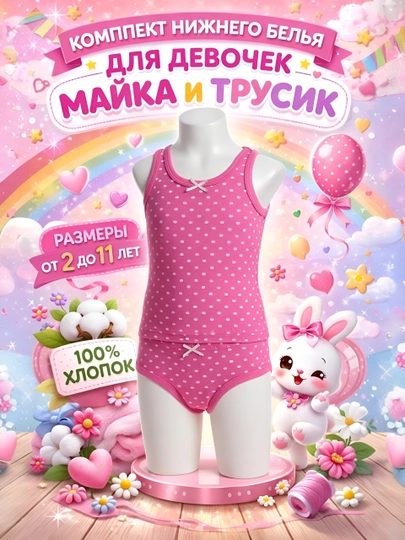 Детский комплект нижнего белья для девочек – майка и трусики,от 2 до 11 лет 100% хлопок