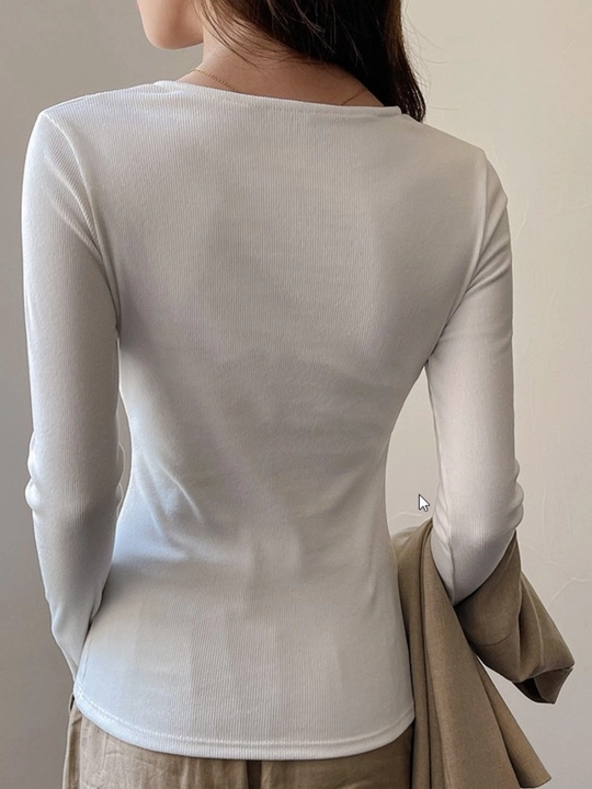 Лонгслив женский с кружевом базовый трикотажный кофта с длинным рукавом V-образный вырез