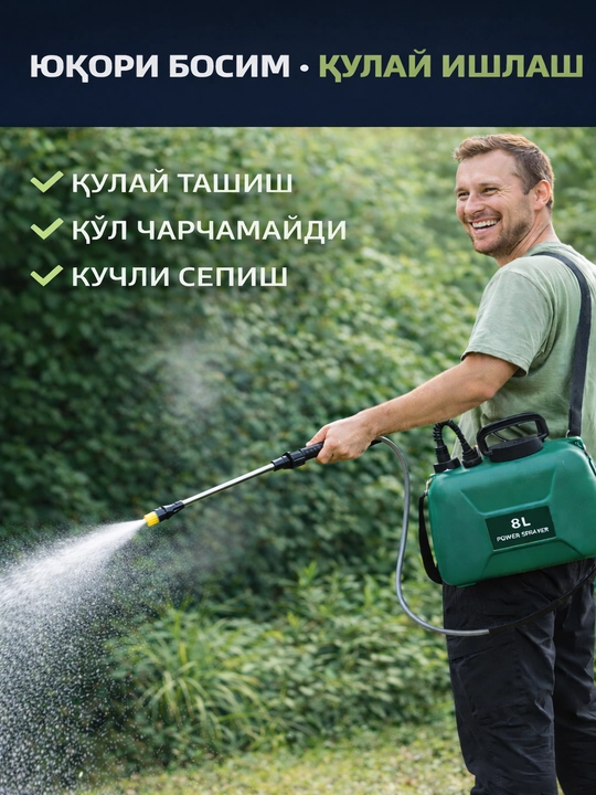 Bog‘ va dezinfeksiya uchun akkumulyatorli 8 litrli elektr yelkali purkagich