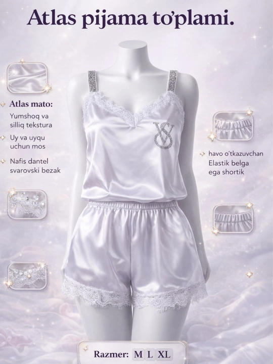 Atlas pijama ayollar uchun 2/1 Yozgi pijama tungi pijama salqin shortik mayka - 