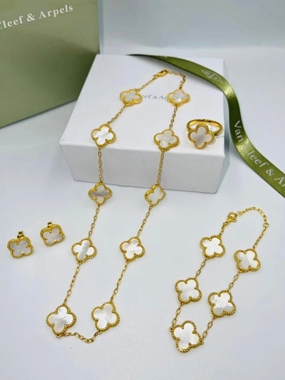 VAN CLEEF набор бижутерий, кольцо, серьги, цепочка, браслет — UNIPLUS-ВАНКЛЕФ-БЕЛЫЙ