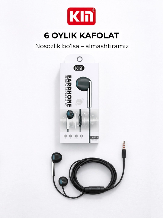 Simli quloqchin KIN K103 3.5mm 10mm dinamik mikrofon bilan naushnik telefon uchun